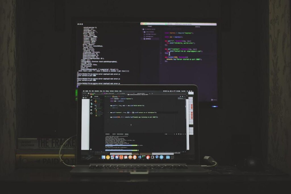 A laptop and monitor on a desk, displaying an AI connectivity software tool for enhanced productivity.